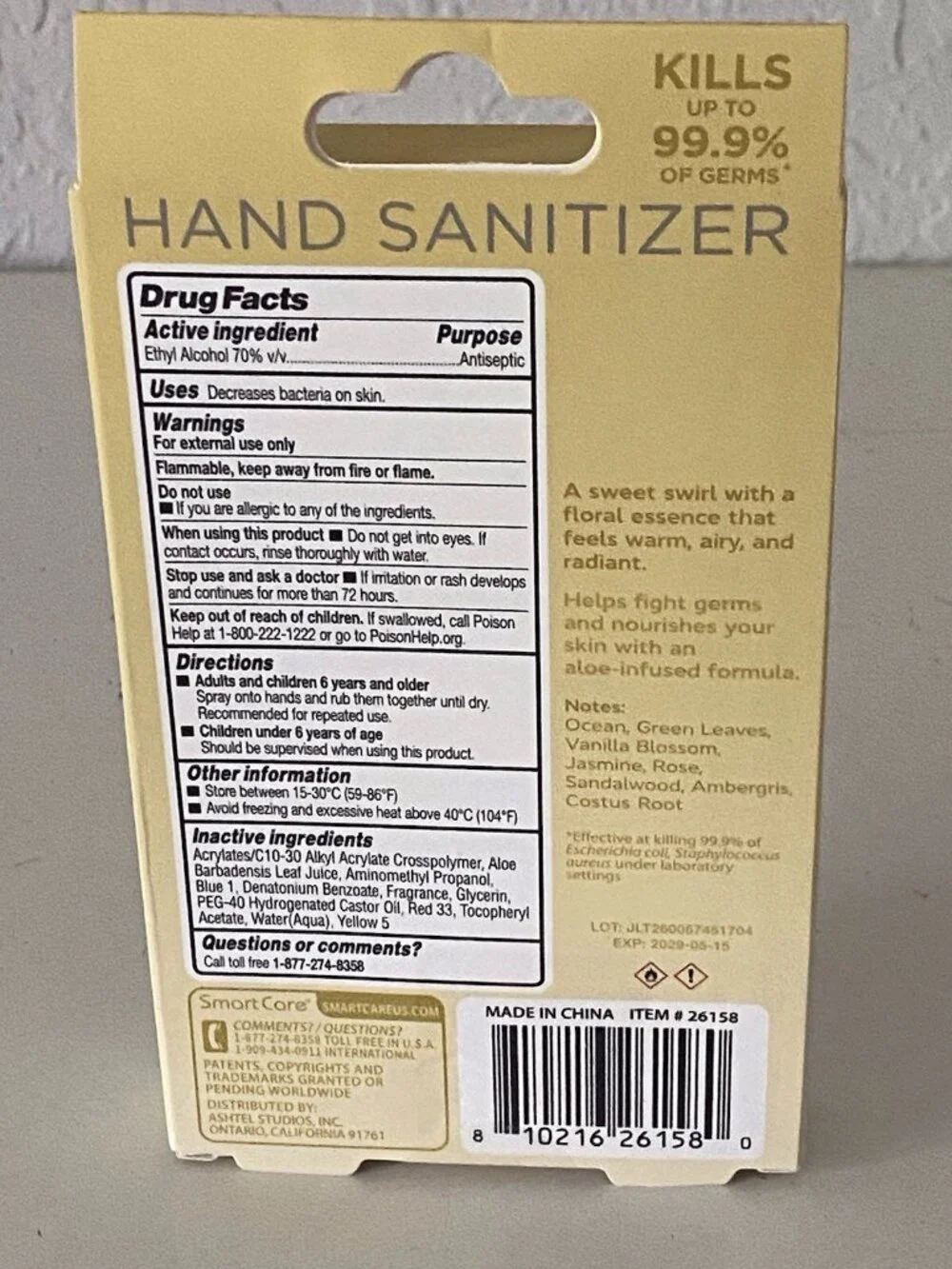 Smart Care Scented Hand Sanitizer Spray 1.35 Oz Vanilla Blossom Beaded Wristlet